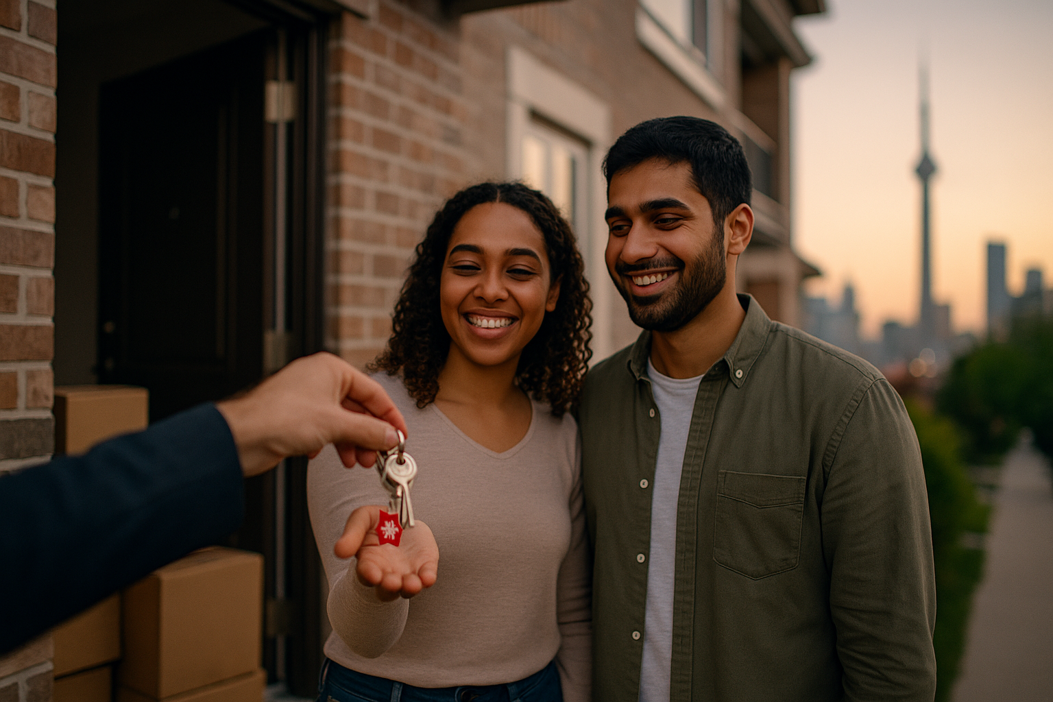 Immigrant couple receiving house keys in Toronto’s CN Tower skyline, showing newcomers buying a home in Canada’s GTA.